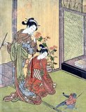 Suzuki Harunobu (鈴木 春信, 1724 – July 7, 1770) was a Japanese woodblock print artist, one of the most famous in the Ukiyo-e style. He was an innovator, the first to produce full-color prints (nishiki-e) in 1765, rendering obsolete the former modes of two- and three-color prints.<br/><br/>

Harunobu used many special techniques, and depicted a wide variety of subjects, from classical poems to contemporary beauties (bijin, bijin-ga). Like many artists of his day, Harunobu also produced a number of shunga, or erotic images.<br/><br/>

During his lifetime and shortly afterwards, many artists imitated his style. A few, such as Harushige, even boasted of their ability to forge the work of the great master. Much about Harunobu's life is unknown.