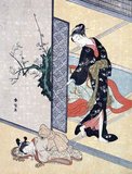Suzuki Harunobu (鈴木 春信, 1724 – July 7, 1770) was a Japanese woodblock print artist, one of the most famous in the Ukiyo-e style. He was an innovator, the first to produce full-color prints (nishiki-e) in 1765, rendering obsolete the former modes of two- and three-color prints.<br/><br/>

Harunobu used many special techniques, and depicted a wide variety of subjects, from classical poems to contemporary beauties (bijin, bijin-ga). Like many artists of his day, Harunobu also produced a number of shunga, or erotic images.<br/><br/>

During his lifetime and shortly afterwards, many artists imitated his style. A few, such as Harushige, even boasted of their ability to forge the work of the great master. Much about Harunobu's life is unknown.
